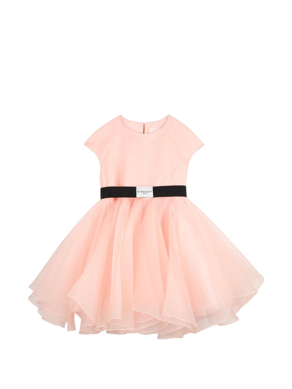 Robe cérémonie mix matières, organza de soie et tulle polyester, doublée viscose légère. Ceinture amovible faite avec une tresse ottoman coloris contrasté et étiquette tissée logo givenchy. Vendu avec housse tissu, logo givenchy imprimé. H31571 46M GIVENCHY KIDS 