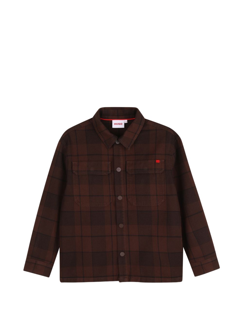 100% cotton twill shirt, all-over printed check, chiusura con bottoni automatici sul davanti, 2 flap tasche sul davanti, metal logo plaque sul davanti tasca, snap openings al polsini, cutout al retro. G01226 33G HUGO KIDS 