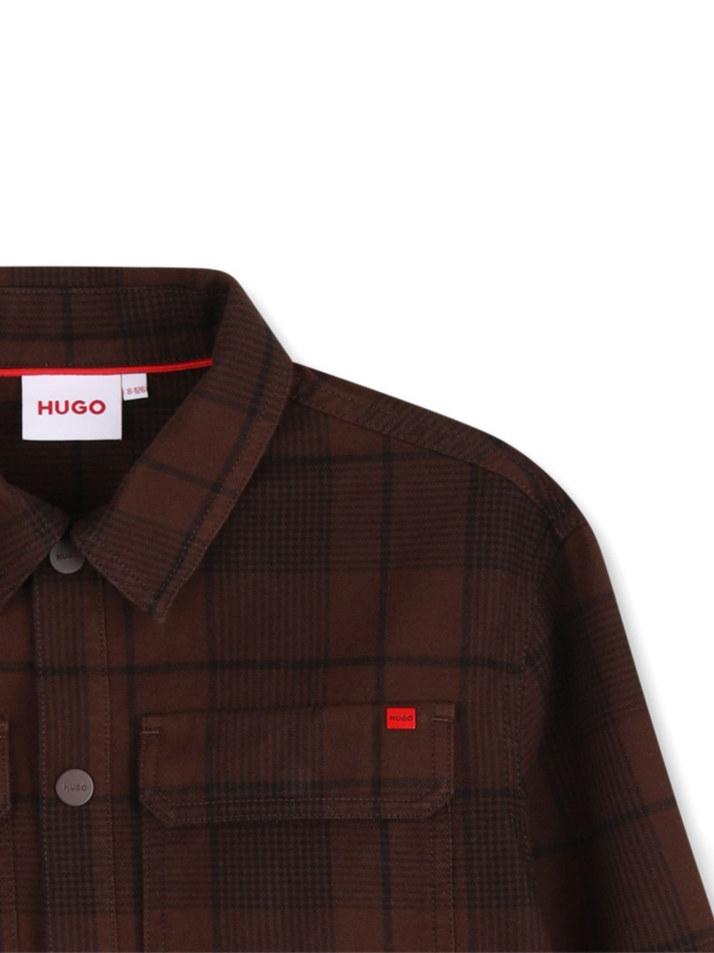 100% cotton twill shirt, all-over printed check, chiusura con bottoni automatici sul davanti, 2 flap tasche sul davanti, metal logo plaque sul davanti tasca, snap openings al polsini, cutout al retro. G01226 33G HUGO KIDS 