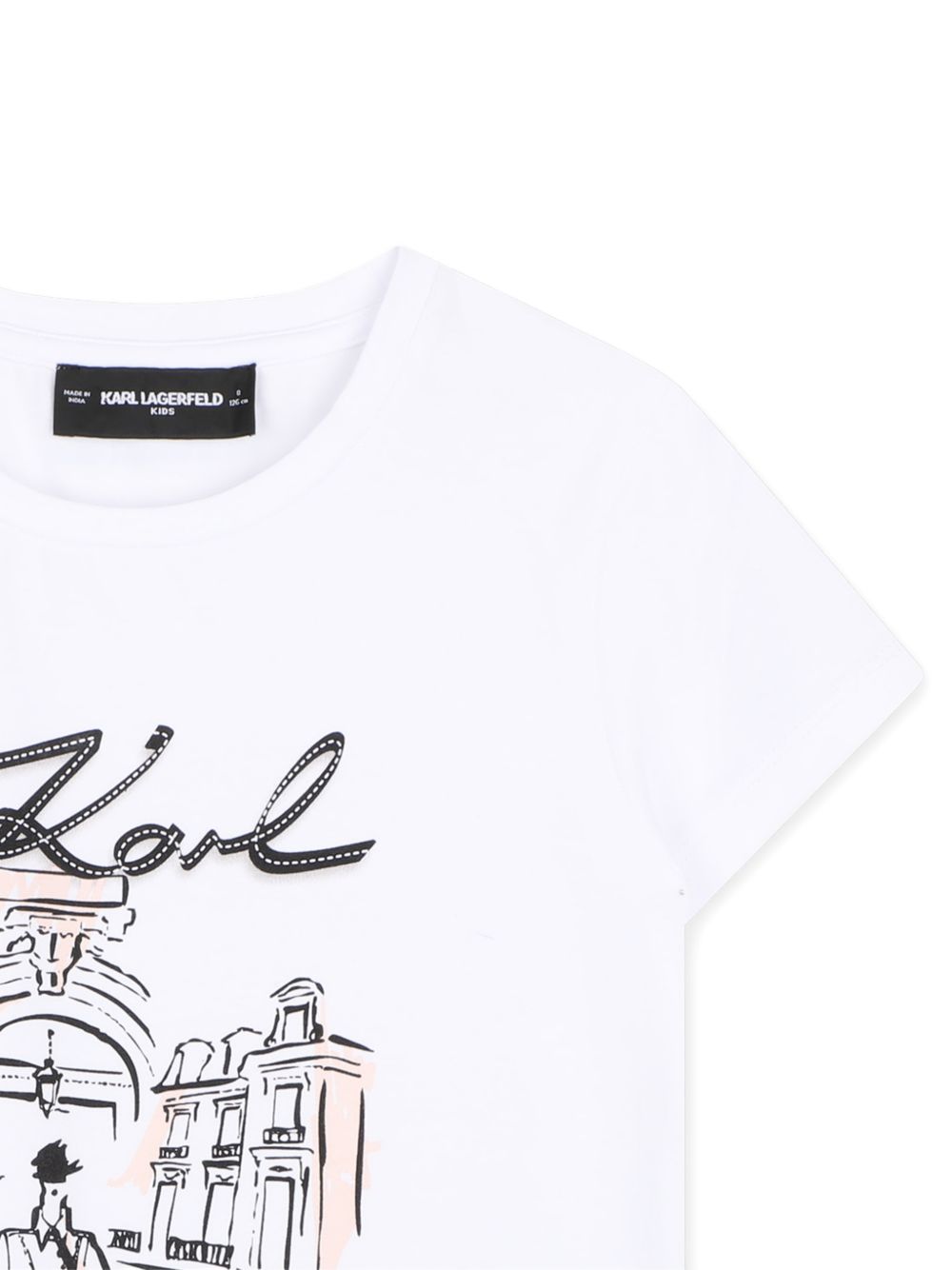 Short-maniche jersey t-shirt con cotton coming from organic farming. Karl signature logo illustrazione sul davanti. Karl lagefeld logo illustrazione sul retro. Mini me Z31313 10P KARL LAGERFELD KIDS 