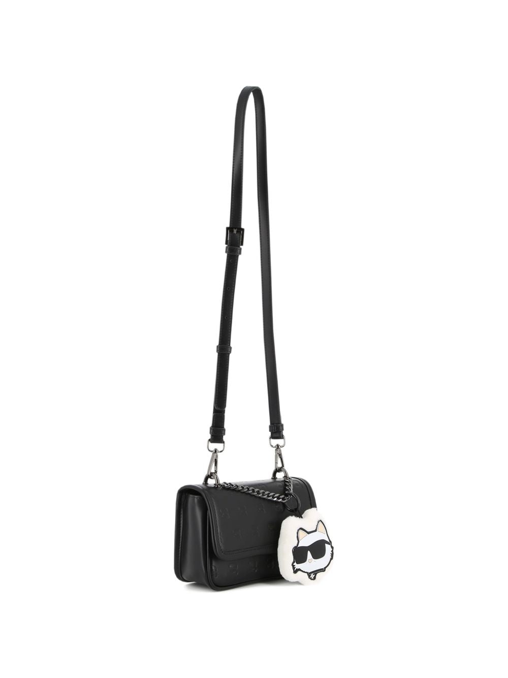 Handbag in simili con karl all-over hollow. Removable eco-pelliccia choupette key charm. Removable e regolabile strap in simili. Short handle in metal chain. Magnet chiusura. Branded fodera. Metal plate on retro. Dimensions : 12x18x5cms Z31458 09B KARL LAGERFELD KIDS 