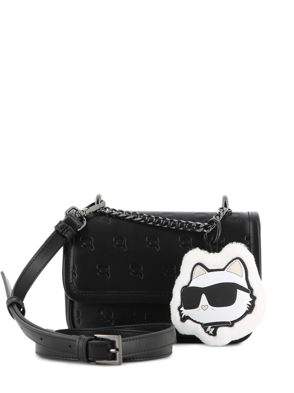 Handbag in simili con karl all-over hollow. Removable eco-pelliccia choupette key charm. Removable e regolabile strap in simili. Short handle in metal chain. Magnet chiusura. Branded fodera. Metal plate on retro. Dimensions : 12x18x5cms Z31458 09B KARL LAGERFELD KIDS 