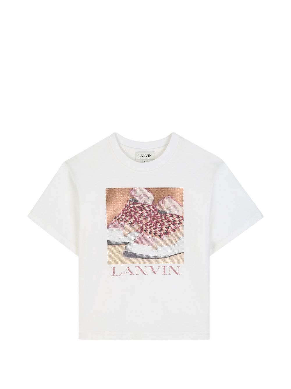 Cotton from organic farming jersey t-shirt con tone-on-tone ribbed scollo. Illustrazione fantasia inspired by curb trainer con lanvin signature in digital stampa. N30396 117 LANVIN KIDS 