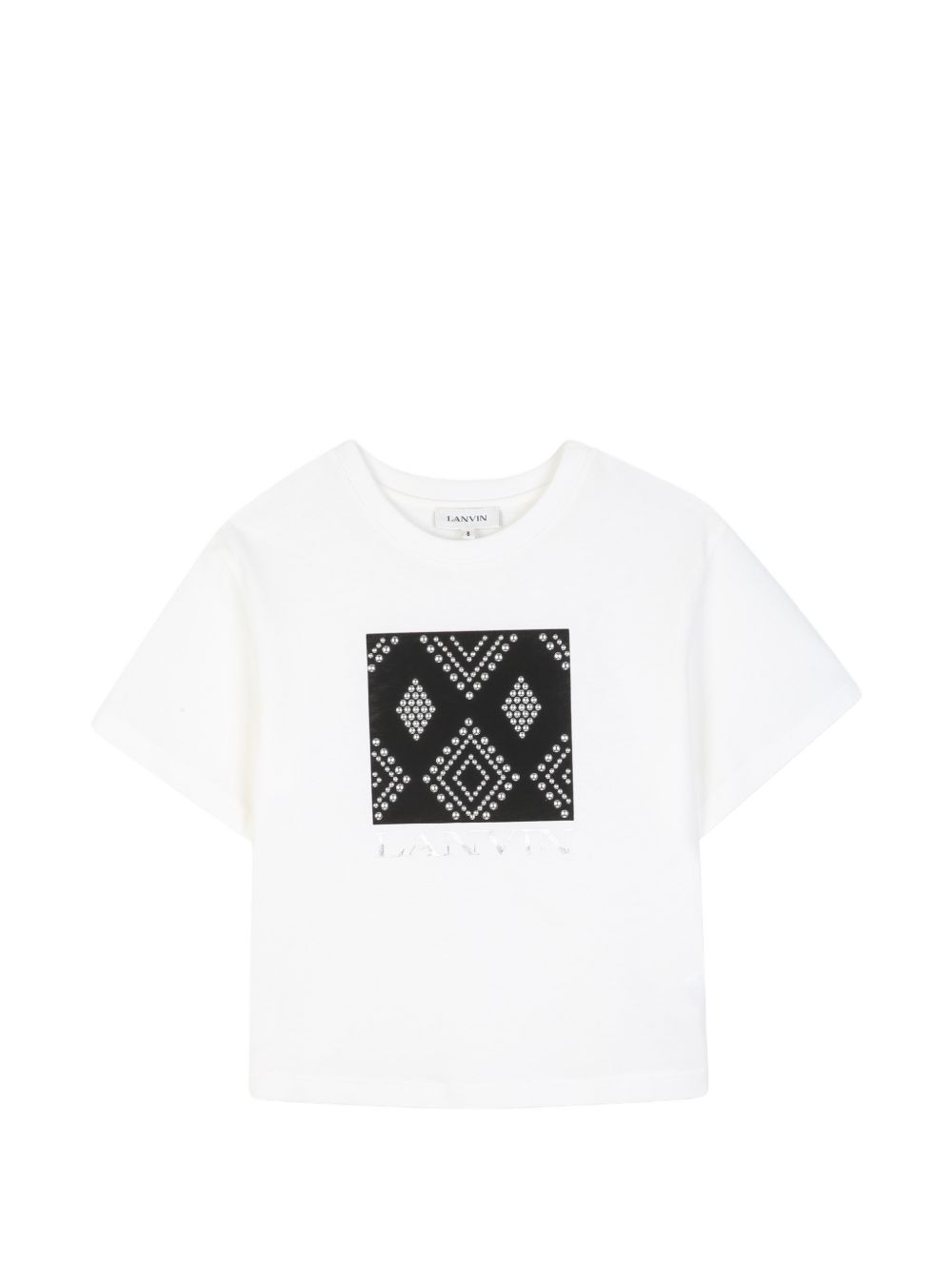 Cotton from organic farming jersey t-shirt con tone-on-tone ribbed scollo. Art deco-inspired motif created con decorative silver metal borchie on a a contrasto printed background. Lanvin branding printed sul davanti. N30399 117 LANVIN KIDS 