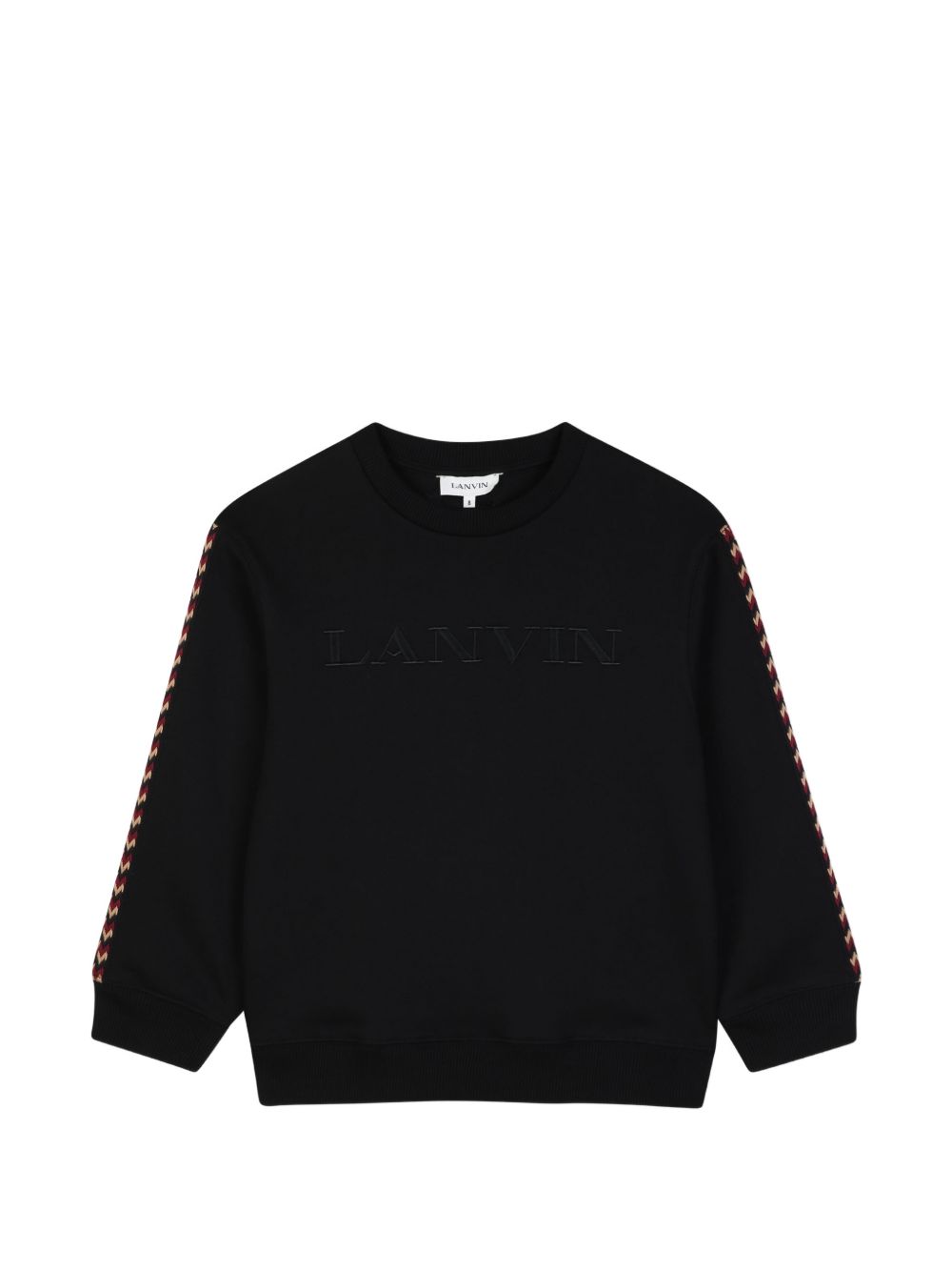 Cotton from organic farming cotone garzato crewneck sweatshirt, tone-on-tone ribbed edges, curb braiding applied to sides of maniche. Tone-on-tone lanvin logos ricamato sul retro as a label e in a contrasto ricamo sul davanti. N30401 09B LANVIN KIDS 
