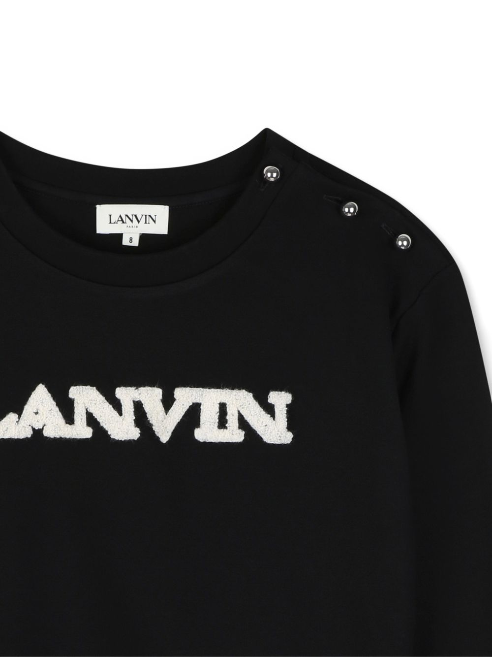 Viscose from sustainably managed forests crewneck sweatshirt, ball button chiusura on spalla, faux leather label on retro con lanvin embossed branding, bouclette ricamo lanvin on davanti. Ricamo from adult collection. N30402 09B LANVIN KIDS 