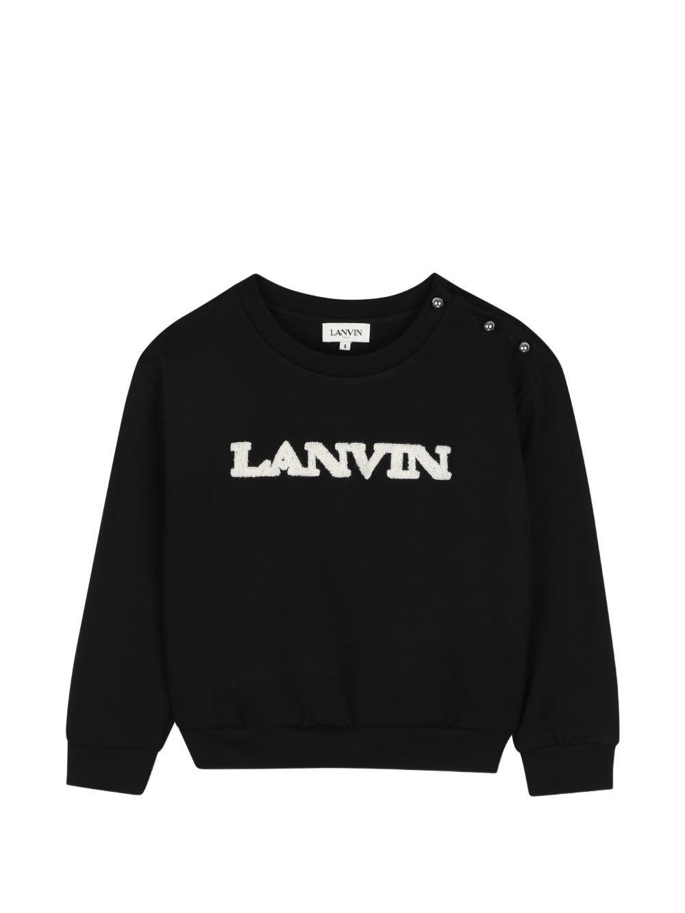Viscose from sustainably managed forests crewneck sweatshirt, ball button chiusura on spalla, faux leather label on retro con lanvin embossed branding, bouclette ricamo lanvin on davanti. Ricamo from adult collection. N30402 09B LANVIN KIDS 
