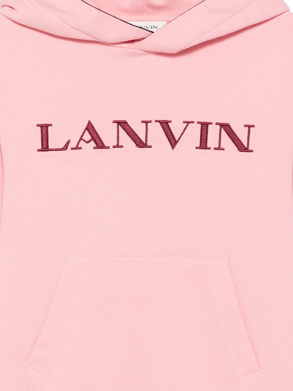 Cotton from organic farming cotone garzato con cappuccio vestito, kangaroo tasca on davanti, curb braid applied on maniche e inside of cappuccio, lanvin ricamato logo at chest e retro of cappuccio. N30407 48N LANVIN KIDS 