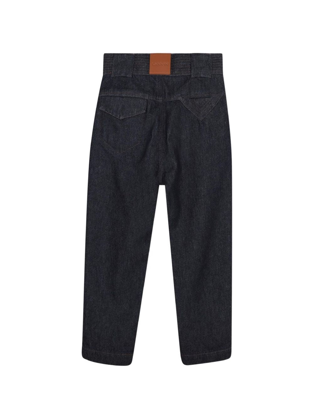 Cotton denim ball-shaped pantaloni, topstitching details sul fascia in vita, pintucks on legs, flap tasche on retro, vita regolabile con inside elastico band, faux leather label on davanti con lanvin embossed branding. N30420 Z28 LANVIN KIDS 