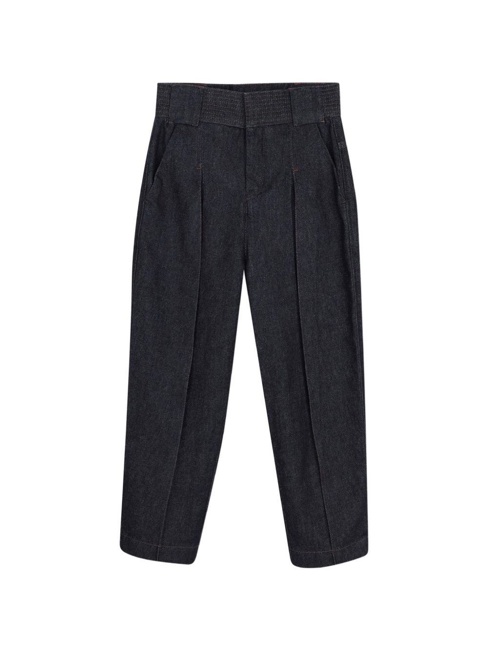 Cotton denim ball-shaped pantaloni, topstitching details sul fascia in vita, pintucks on legs, flap tasche on retro, vita regolabile con inside elastico band, faux leather label on davanti con lanvin embossed branding. N30420 Z28 LANVIN KIDS 