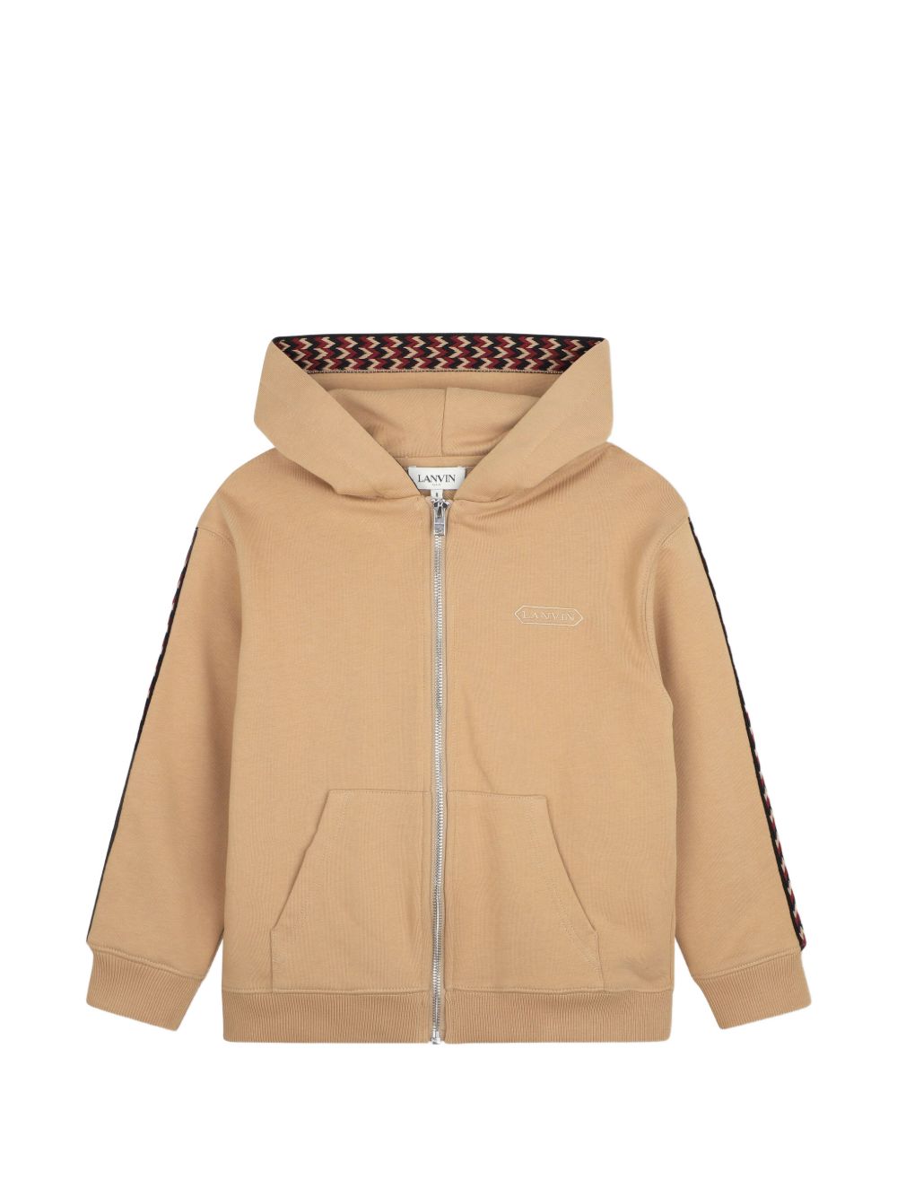 Cotton from organic farming cotone garzato con cappuccio cardigan, cappuccio lined in jersey. Curb braid applied to side of maniche e inside cappuccio. Tone-on-tone lanvin brand ricamo sul davanti e in a contrasto color sul retro. N30424 276 LANVIN KIDS 