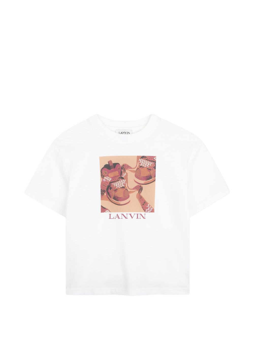Cotton from organic farming jersey t-shirt con tone-on-tone ribbed scollo. Illustrazione fantasia inspired by curb trainer, con lanvin logo sul davanti. N30428 117 LANVIN KIDS 