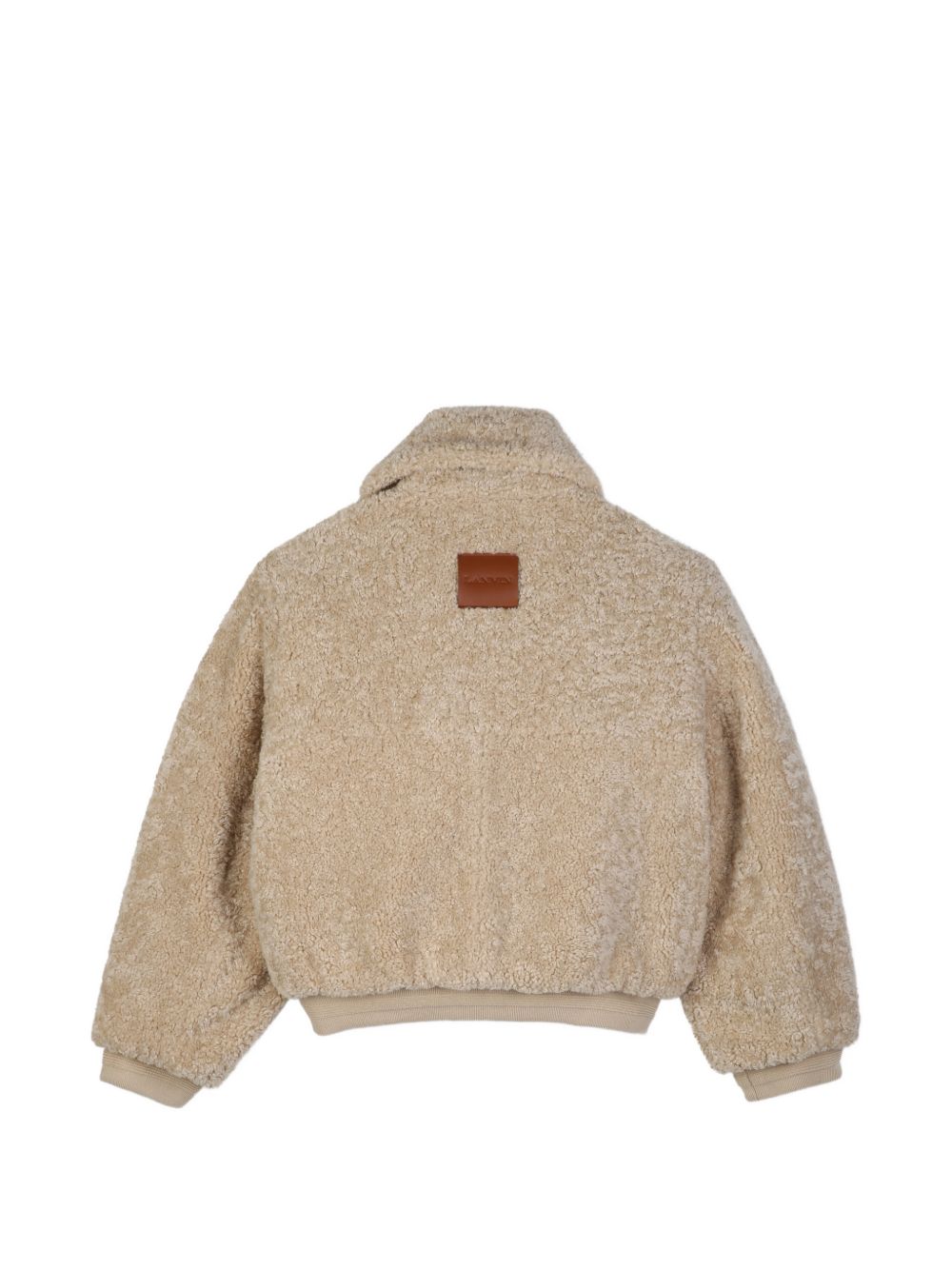 Faux leather e wool reversible jacket on one side, sherpa synthetic fur sul other, reversible zip chiusura, bicolore ribbed trim. Wool side: flap patch tasche con branded enamelled chiusura con bottoni automatici, faux leather label on davanti con la N30447 287 LANVIN KIDS 