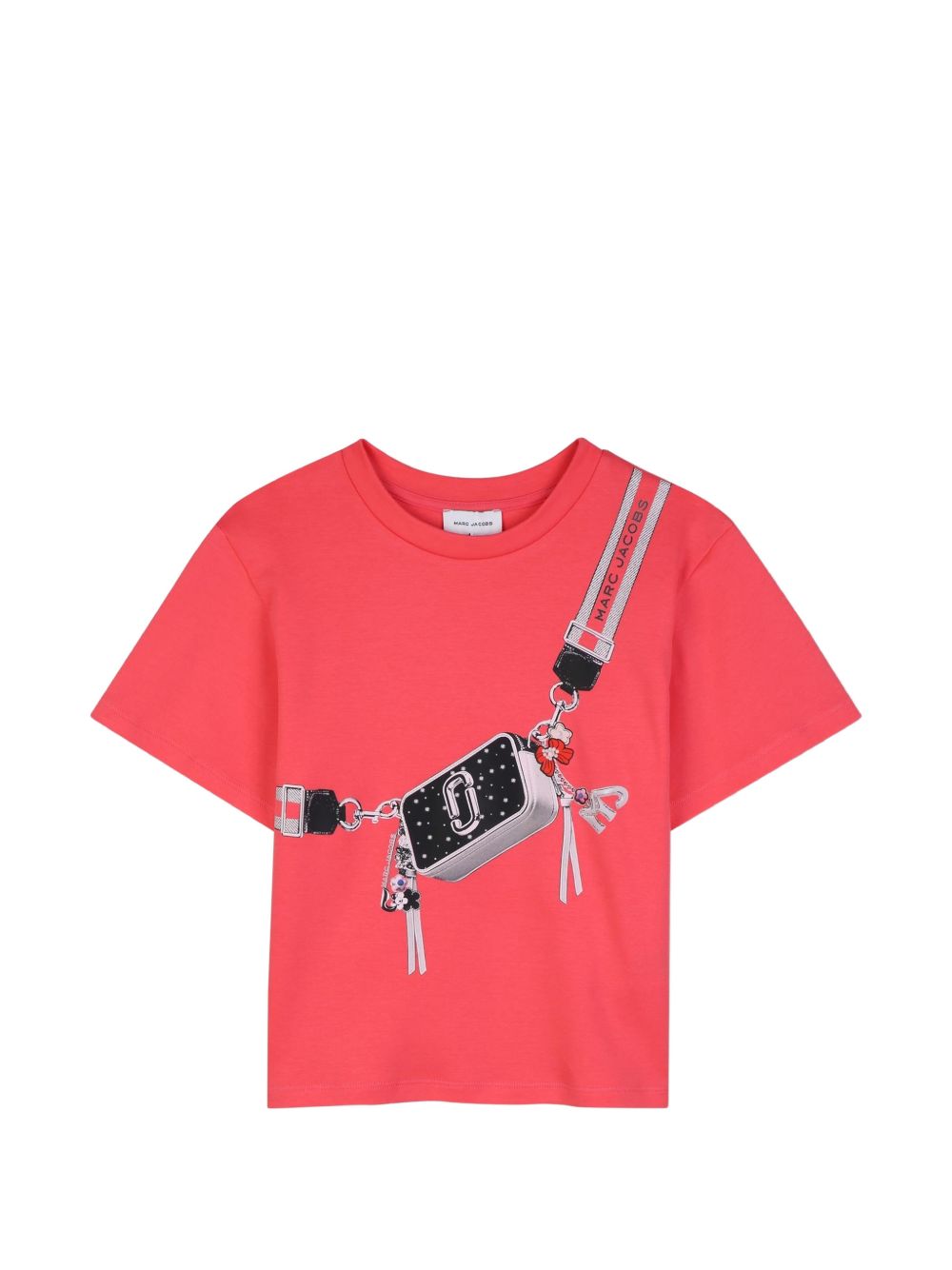 Short-sleeved cotton interlock t-shirt con a trompe-l'oeil stampa of a 'snapshot' bag adorned con whimsical details e charms. Original e casual design. W60994 98A MARC JACOBS KIDS 