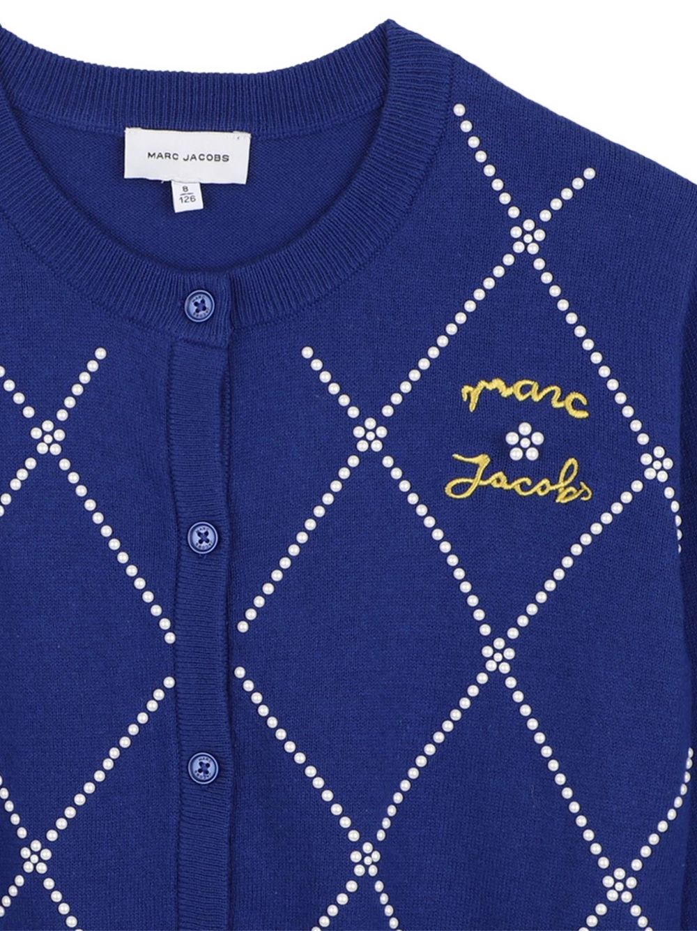 100% cotton knit cardigan adorned con pearl-like borchie sul davanti, featuring a marc jacobs ricamo sul chest. W61003 841 MARC JACOBS KIDS 