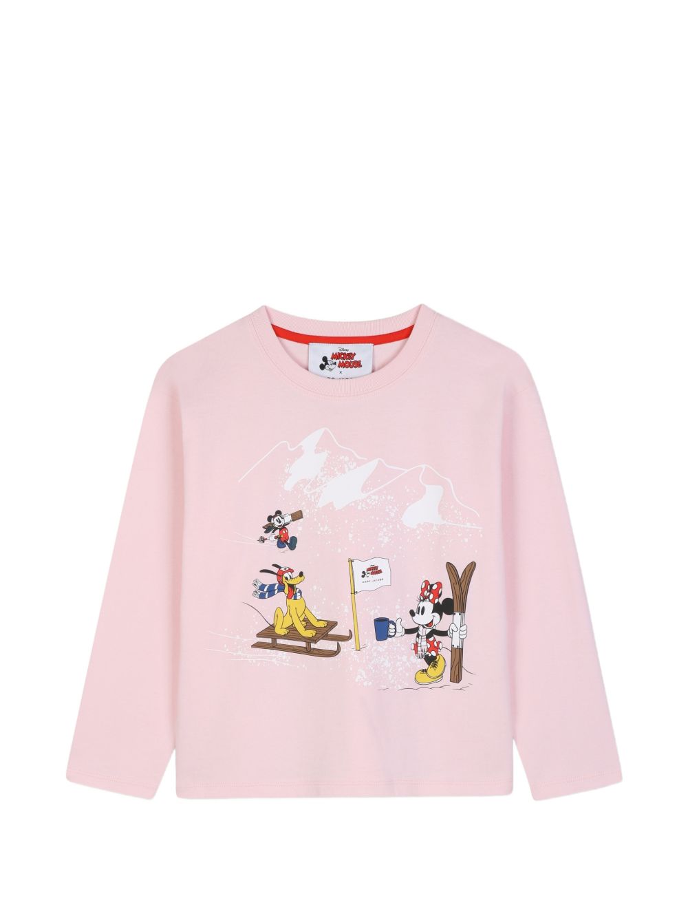 In collaboration con disney: long-sleeved cotton jersey t-shirt featuring a ski-themed mickey mouse e marc jacobs illustrazione sul davanti, e a woven label sul retro. W61022 475 MARC JACOBS KIDS 