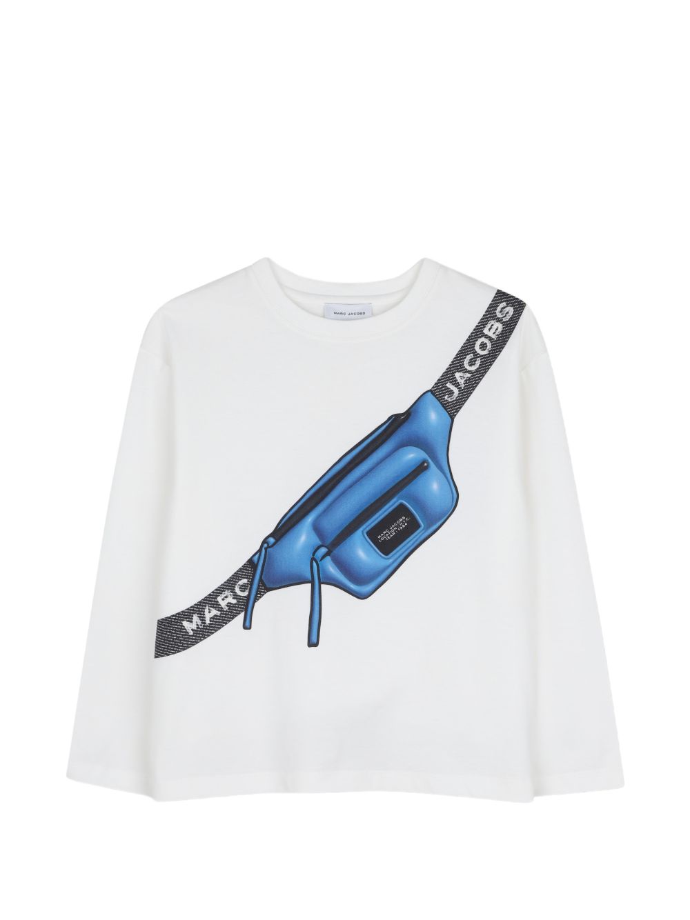 Long-sleeved organic cotton jersey t-shirt con a 3d trompe-l'oeil illustrazione of a bum bag e marc jacobs artwork sul davanti. W61029 126 MARC JACOBS KIDS 
