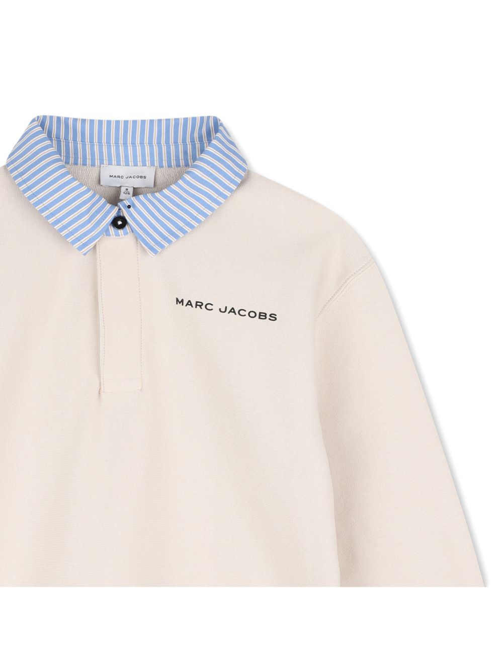 Organic cotton fleece sweatshirt con an elegant yet sporty style, featuring a a contrasto a righe polo collar con button, ribbed polsini, e a large marc jacobs illustrazione sul retro. A perfect blend of comfort e sophistication. W61038 24B MARC JACOBS KIDS 