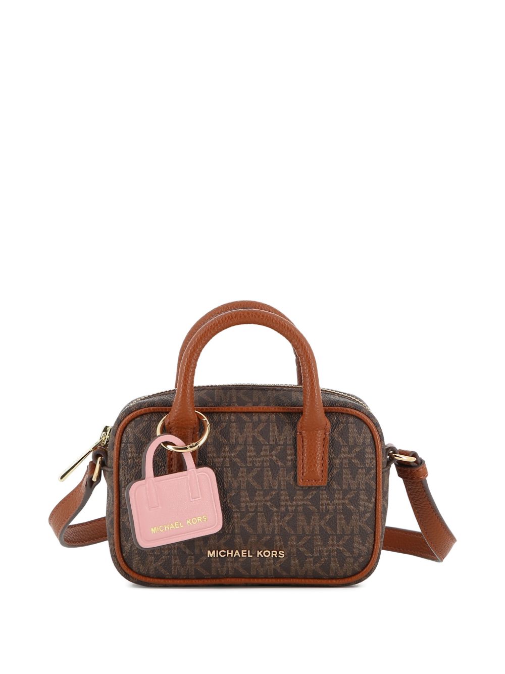 Handbag in monogram grained simili e grained simili con its removable bag key charm. Branded metal plate. Regolabile spalla strap in grained simili con gold buckles. Branded metal zip chiusura. Dimensions : 15x10x4.5cms. R30817 340 MICHAEL KORS KIDS 