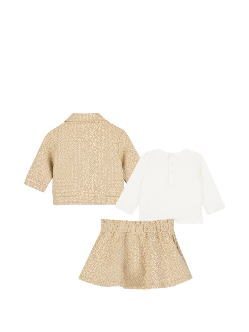 Three pieces set. Cardigan e gonna in double jersey con «mk signature» all-over stampa, e t-shirt in jersey. Cardigan con branded zip chiusura sul davanti, gonna con vita elastica. Plain color maniche lunghe t-shirt con snaps chiusura sul retro. Br R30839 22C MICHAEL KORS KIDS 