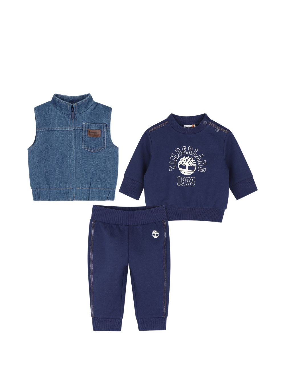 Pantaloni + sweatshirt + sleveless jacket set. 95% cotton from organic farming / 5% elastane brushed cotone garzato sweatshirt e pantaloni, printed logo on davanti e top left leg. 89% cotton / 11% elastane knit denim sleveless jacket, elastico fondo, T61016 84N TIMBERLAND KIDS 