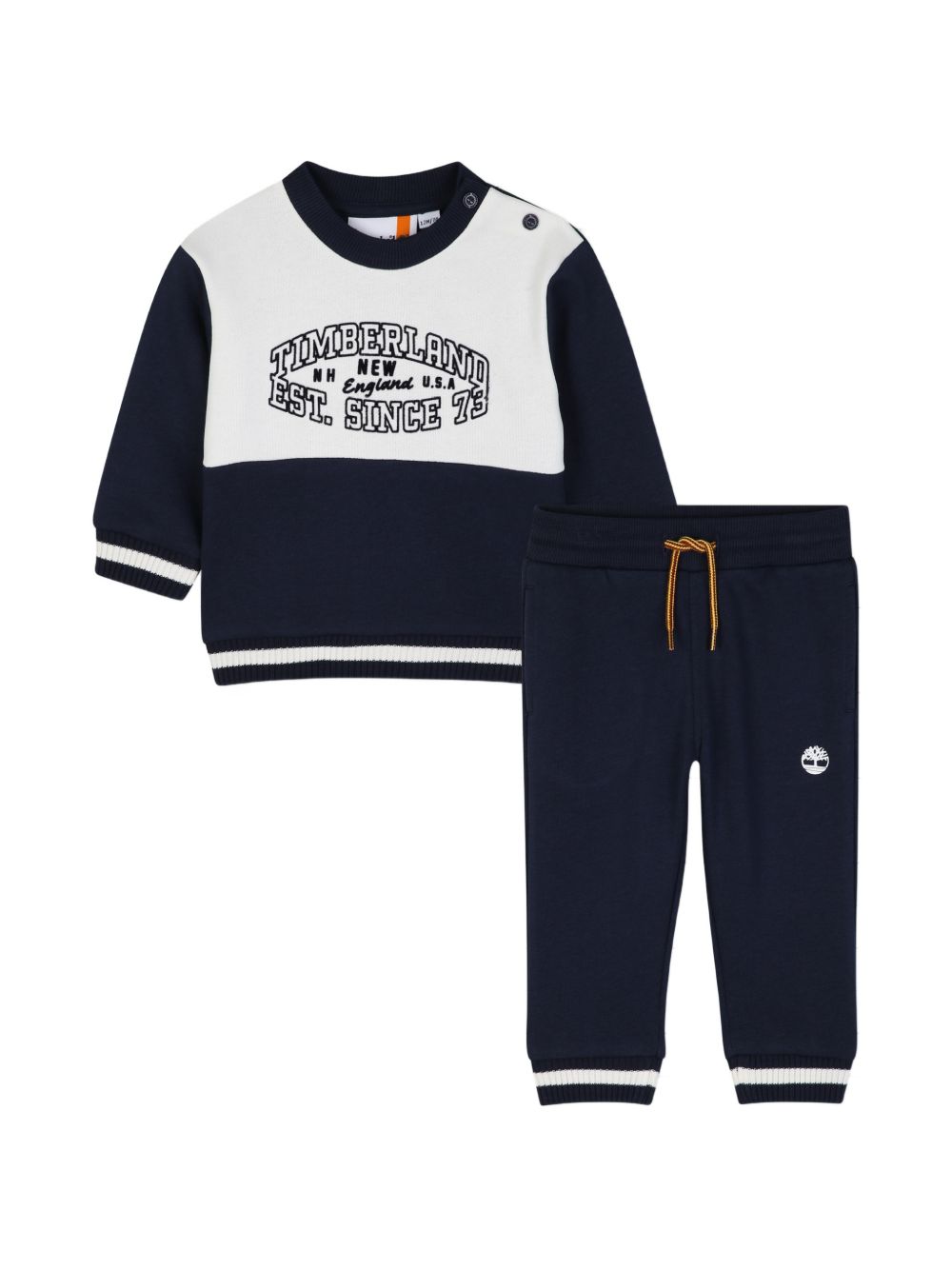 Sweat-shirt + jog pantaloni set. 80% coton / 20% polyester cotone garzato. Bicolor sweatshirt con davanti yoke, chiusura con bottoni automatici on spalla, a righe costina at fondo maniche e body, printed illustrazione on davanti. Jog pantaloni con vi T61037 849 TIMBERLAND KIDS 