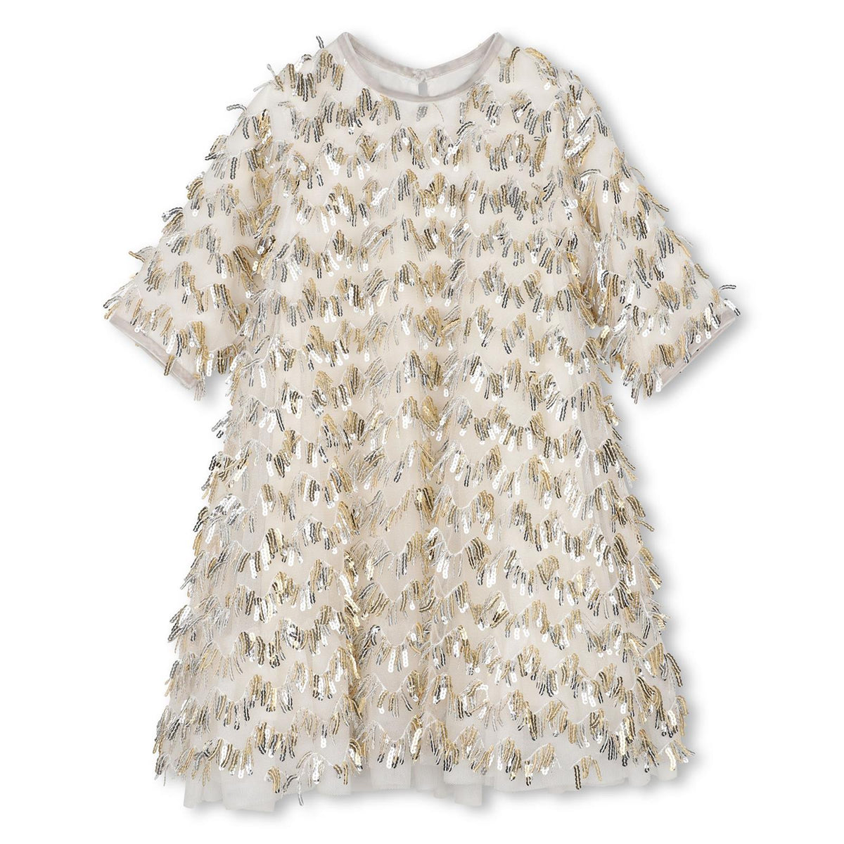 Ceremony vestito in mesh con paillettes fringes, fodera, maniche corte, mesh ruffle al fondo, chiusura con bottoni al retro. U22354 T07 BILLIE BLUSH KIDS 