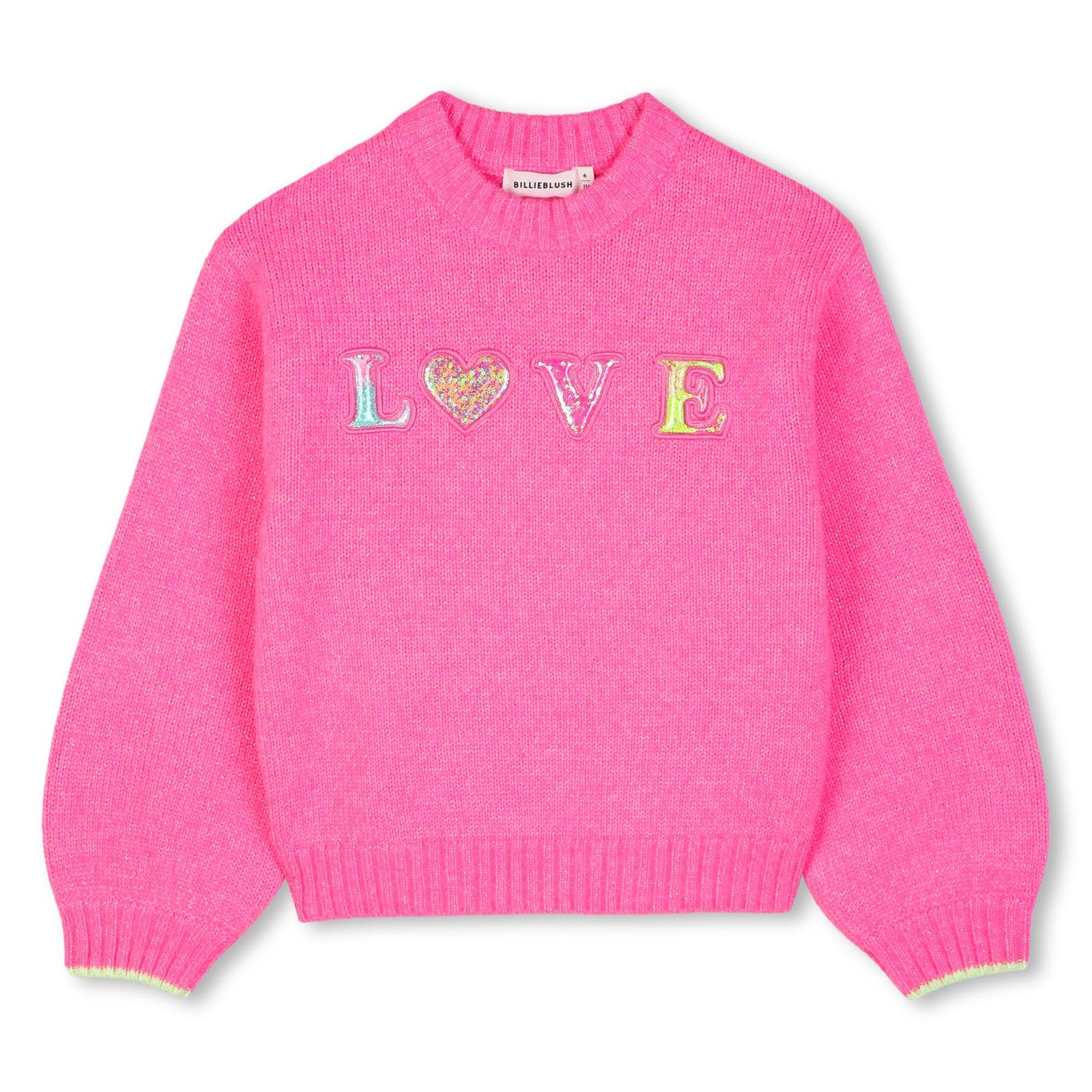 Maglione in maglia, filato morbido lucido, applicazioni in plastica con multicolore paillettes flottanti sul davanti. U22467 47A BILLIE BLUSH KIDS 