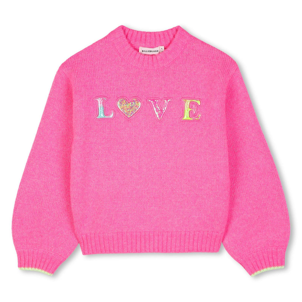 Maglione in maglia, filato morbido lucido, applicazioni in plastica con multicolore paillettes flottanti sul davanti. U22467 47A BILLIE BLUSH KIDS 