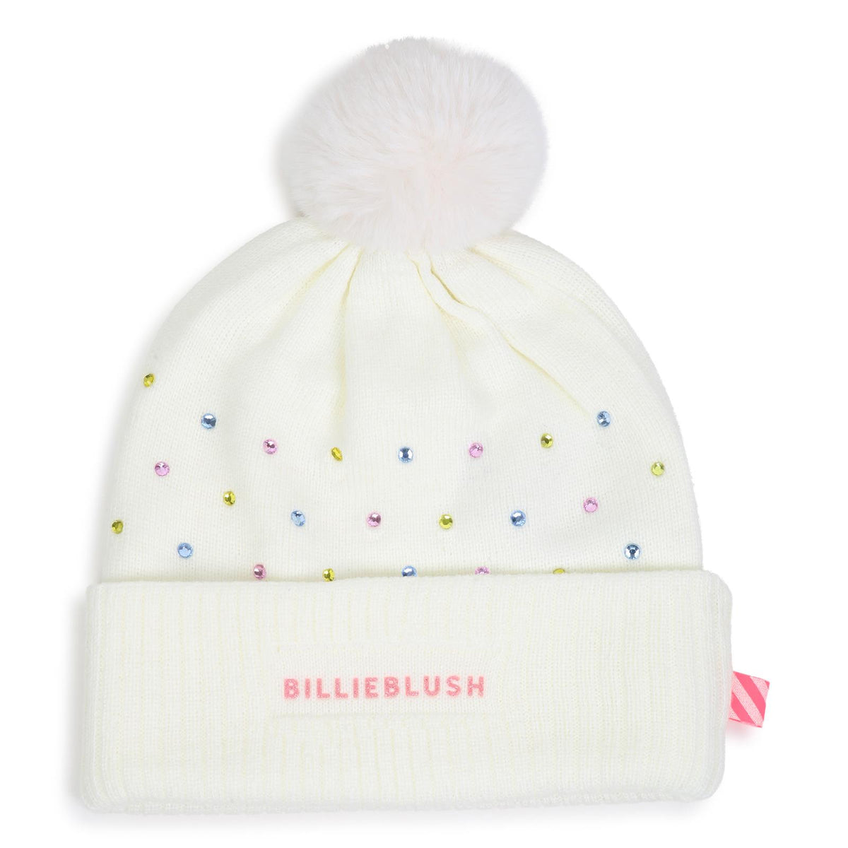 Beanie con multicolor strass. Eco-pelliccia pompom. Glitter brand. Double layer knit. A righe woven label on side. Composition : acrylic. Matched to snood u22518 e gloves u22541. U22499 121 BILLIE BLUSH KIDS 