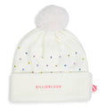 Beanie con multicolor strass. Eco-pelliccia pompom. Glitter brand. Double layer knit. A righe woven label on side. Composition : acrylic. Matched to s
