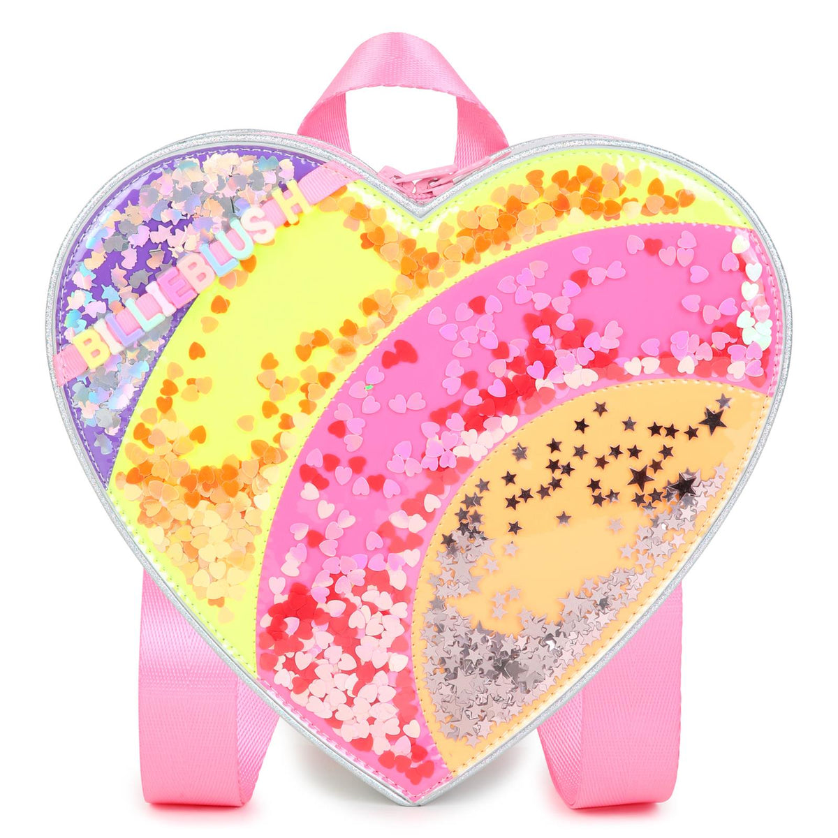 Cuore small backpack. Iridescent simili. Letters beads. Rainbow illustrazione con multicolor confettis under clear material. Regolabile spalla straps. Chiusura con zip. A righe woven label. Matched to handbag u22523. Dimensions : 22x24x6 cm. U22533 111 BILLIE BLUSH KIDS 