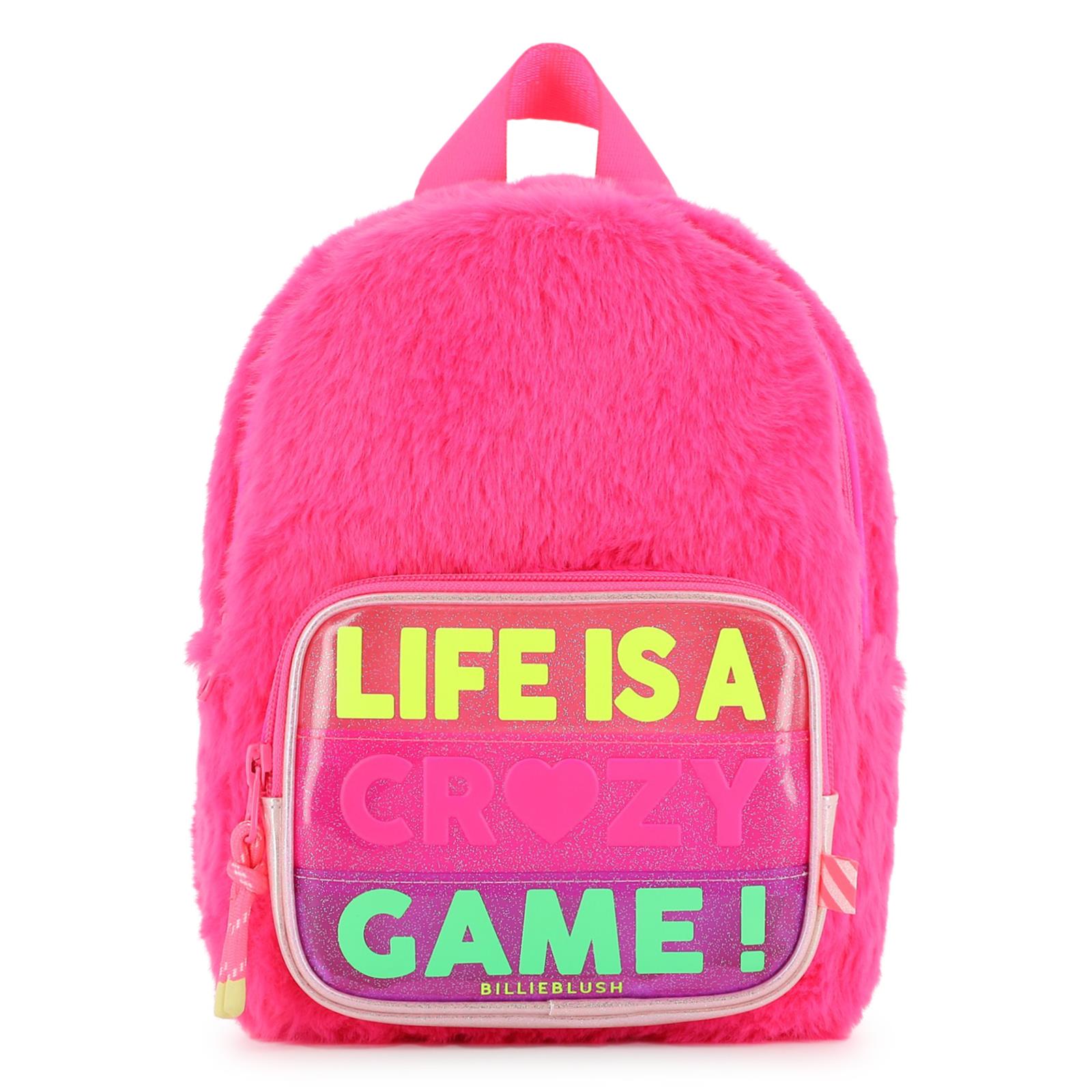 Small backpack. Eco-pelliccia e glitter clear material. Letters illustrations con gum effect. Regolabile spalla straps. Chiusura con zip, cord pullers con colored finishing. A righe woven label. Dimensions : 24x17x10 cm. U22534 47A BILLIE BLUSH KIDS 