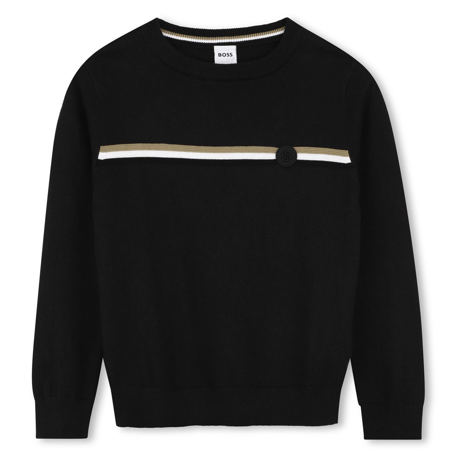 Round-neck knit felpa con three iconic jacquard stripes. Double b badge nel middle of iconic stripe. Raiser boss. J53389 09B BOSS KIDSWEAR 