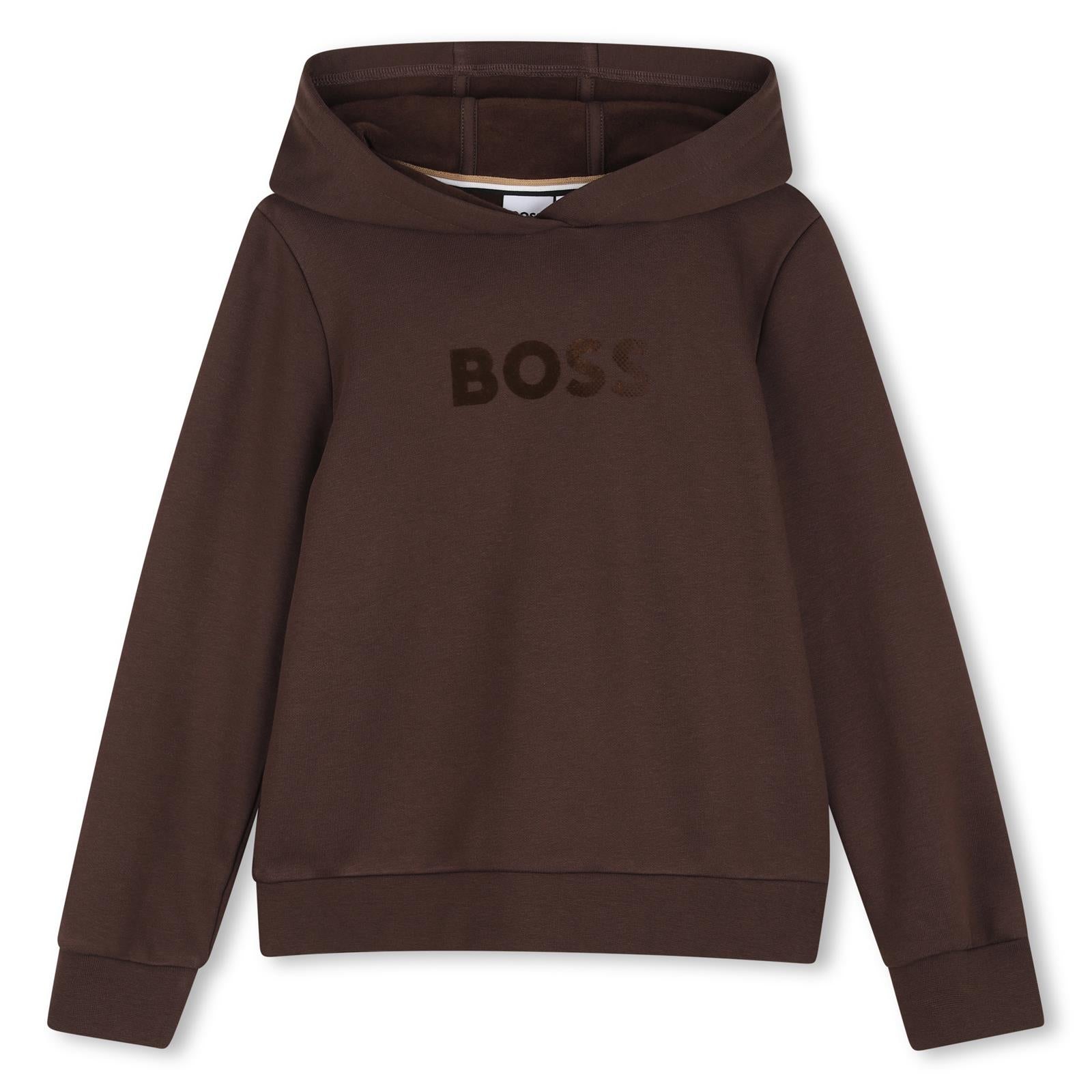 Con cappuccio sweatshirt in fleece, cotton, polyester. Large boss flock logo centered on chest. Davanti tasca. J53400 343 BOSS KIDSWEAR 