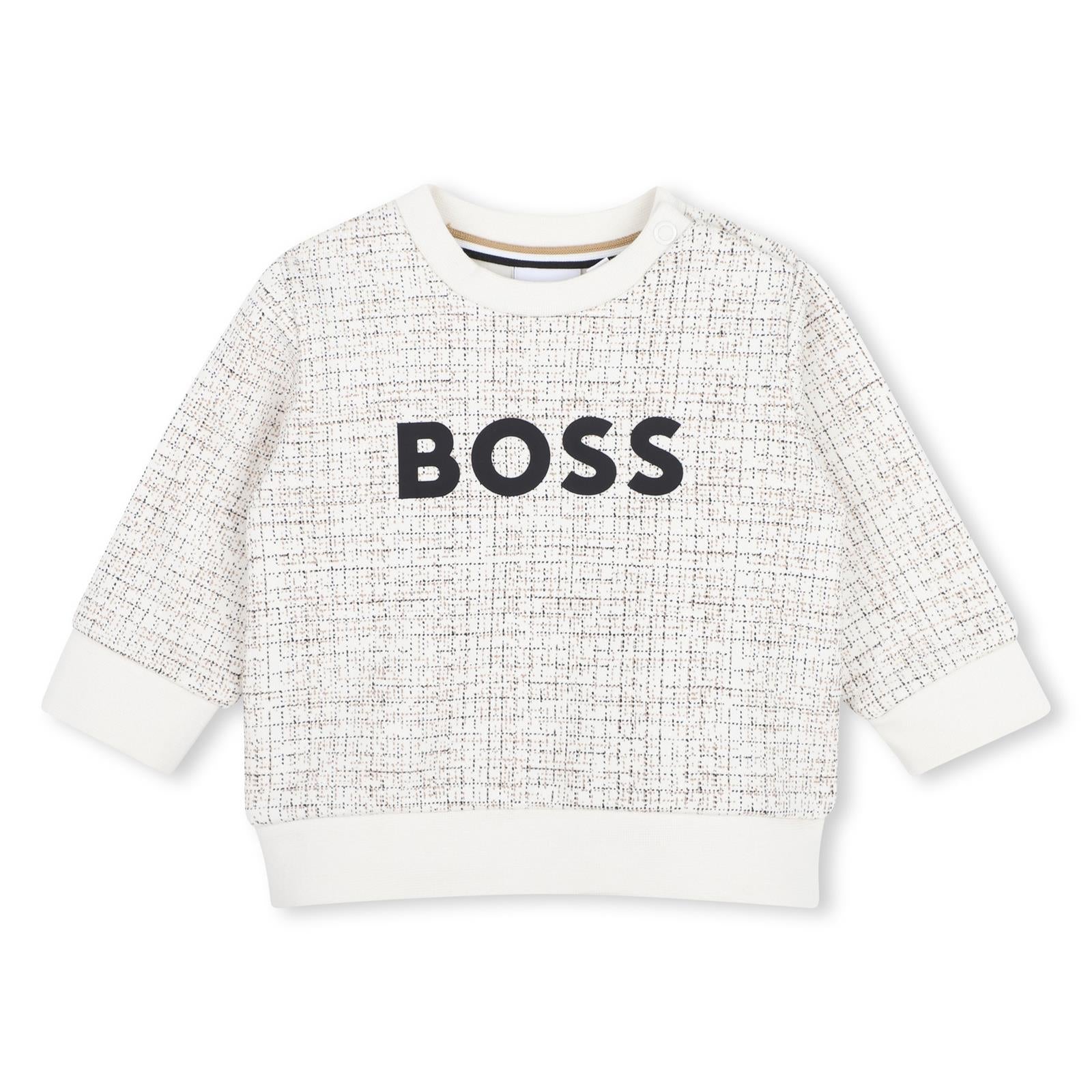 Fleece sweatshirt con iconic check pattern. Round neck e chiusura con bottoni automatici al spalla. Large boss logo centered sul chest. J53496 120 BOSS KIDSWEAR 