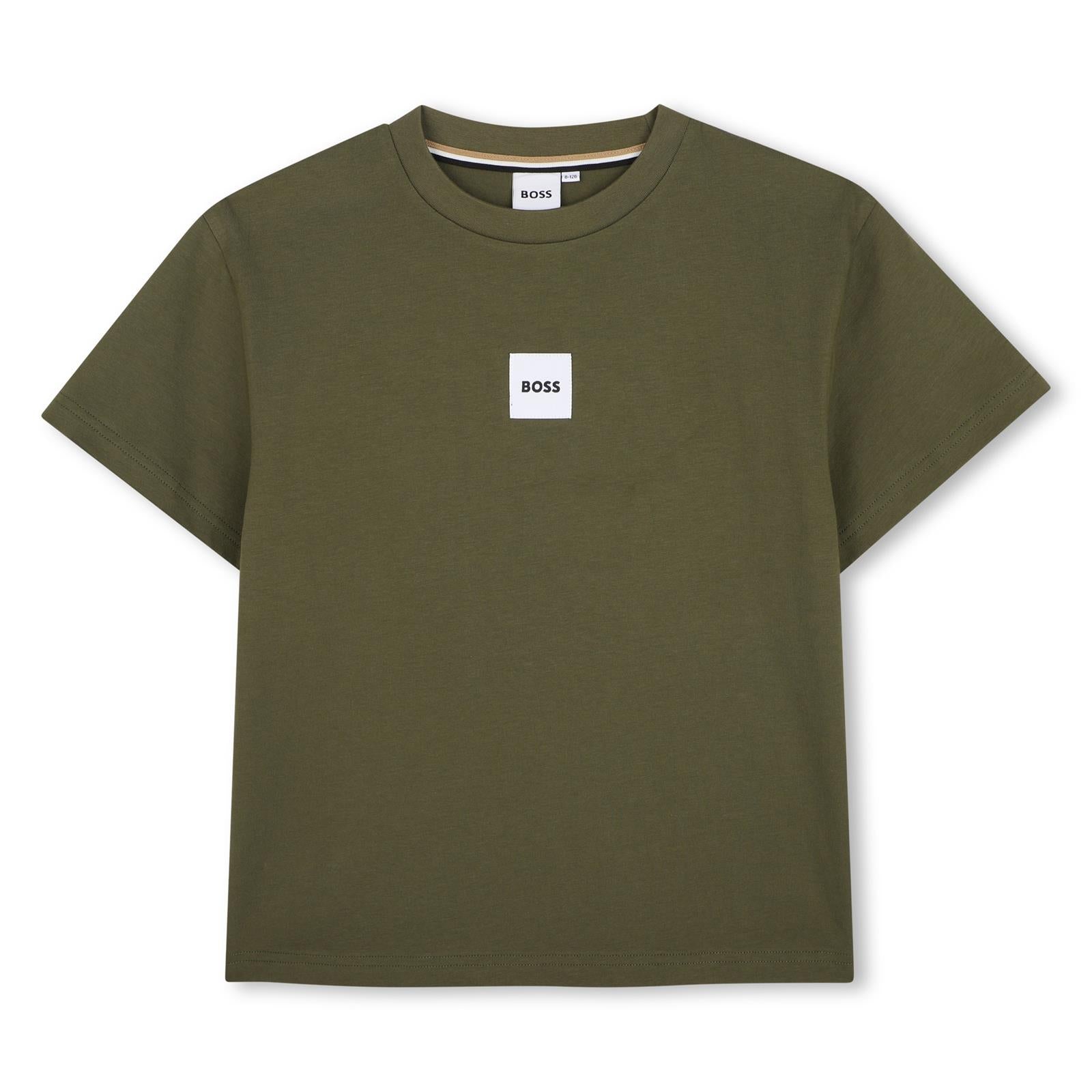 Short-sleeved jersey t-shirt, cotton. Woven label centered sul chest. Vestibilità morbida. J53604 63D BOSS KIDSWEAR 