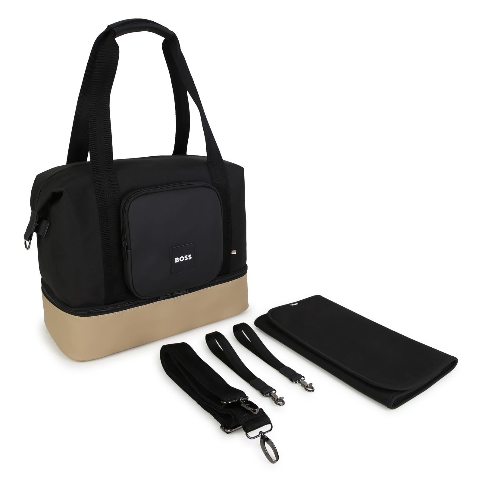 Changing bag in polyester canvas, coated canvas, e gum simili (in details). Large tasca under bag con removable compartments. Branded badge. Tricolor woven tab. Changing mat + 2 stroller straps + removable strap e handles in textured jacquard. Extern J53608 09B BOSS KIDSWEAR 