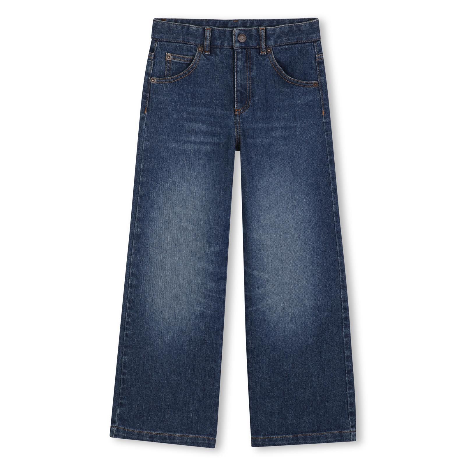 Five-tasche pantaloni in denim, containing cotton from organic farming, chloe label in cow leather, vegetal tanning, on retro, vita regolabile con inside elastico band. C21269 Z10 CHLOE KIDS 