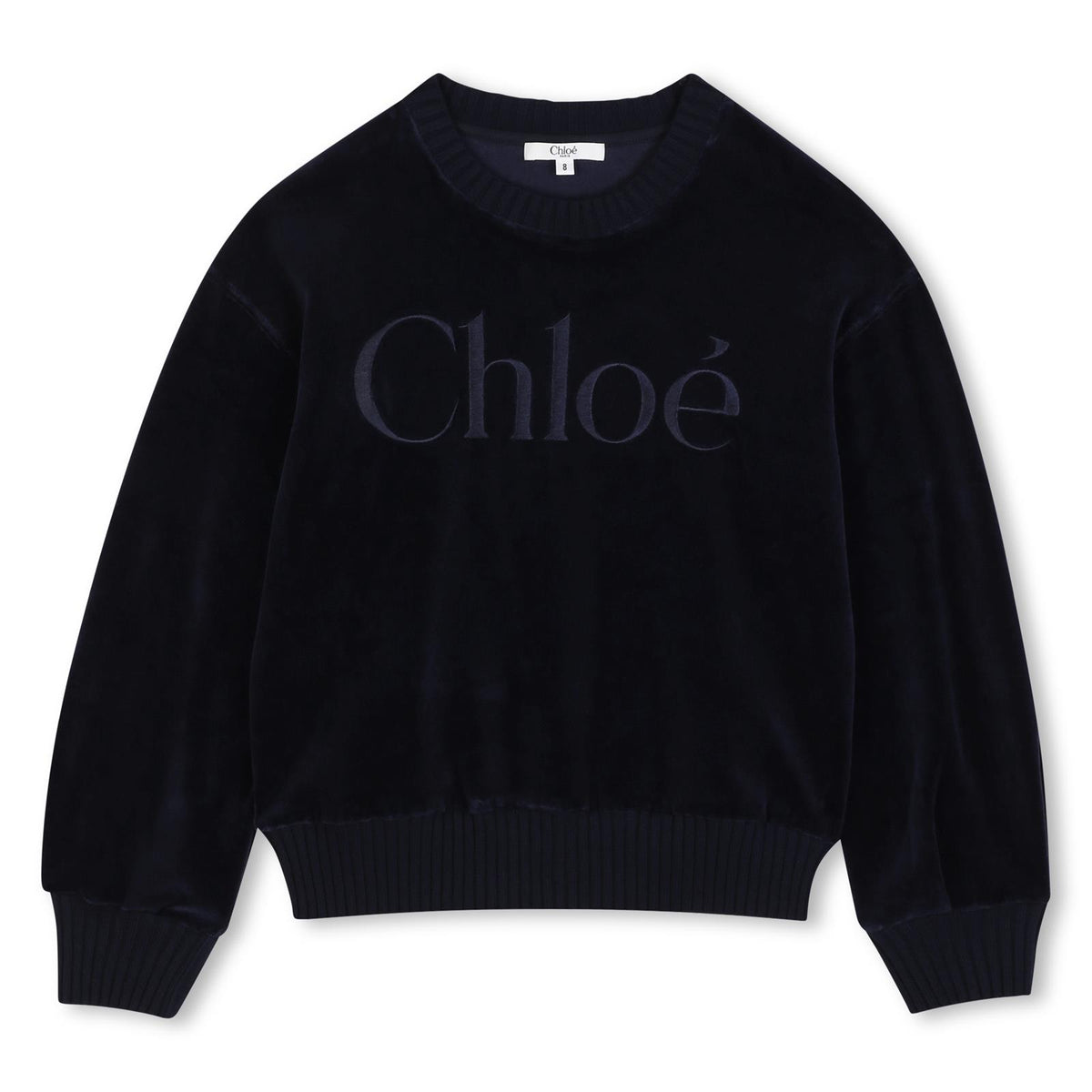 Velluto sweat-shirt, containing cotton from organic farming, chloe logo ricamato on davanti. C21285 859 CHLOE KIDS 