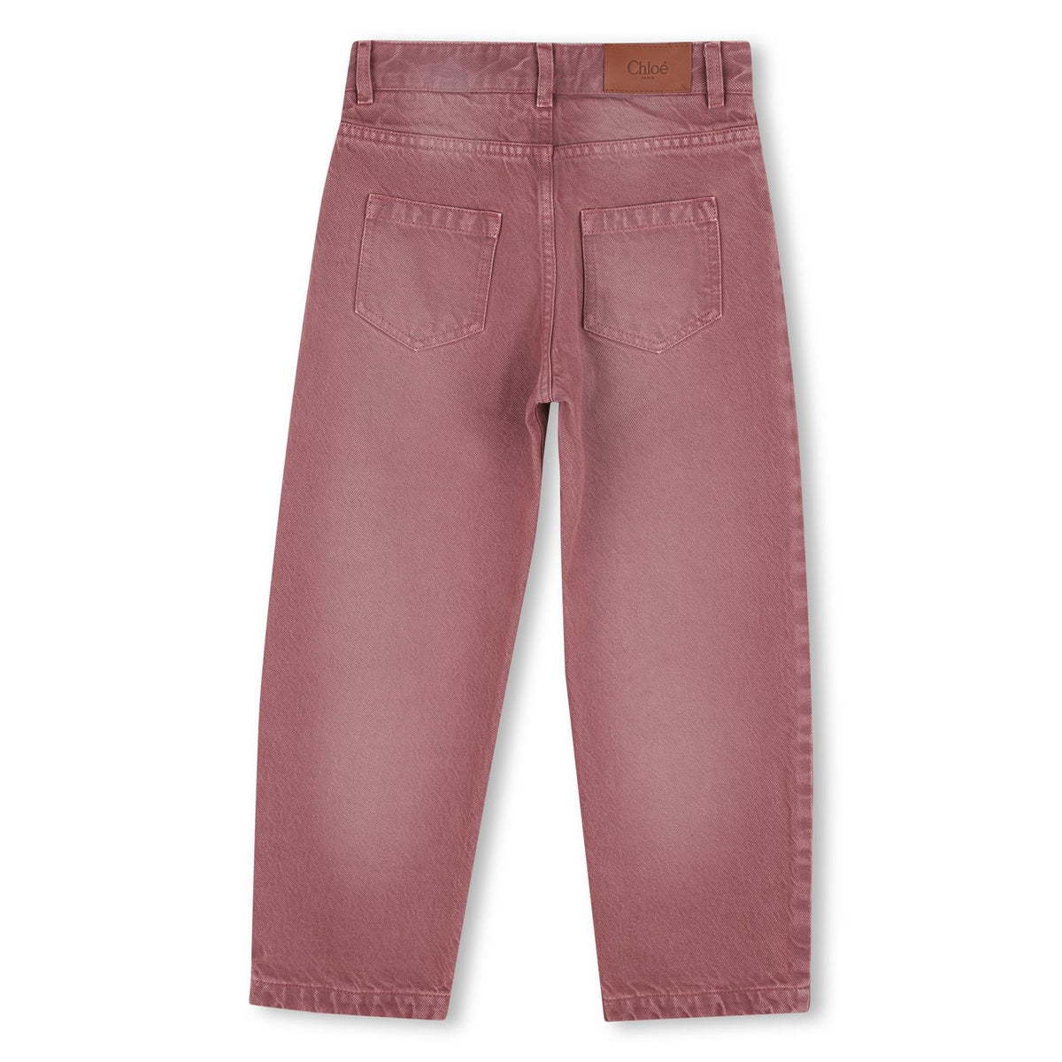 Five-tasche pantaloni in denim, containing cotton from organic farming, chloe label in cow leather, vegetal tanning, on retro, vita regolabile con inside elastico band. C21393 Z34 CHLOE KIDS 