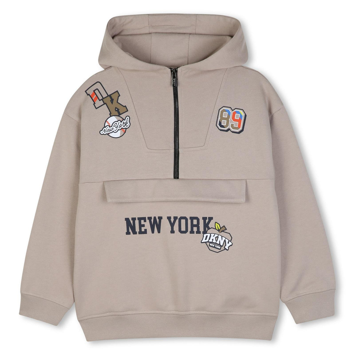 Cotone garzato con cappuccio sweatshirt in 60% cotton 40% polyester. 1 davanti tasca e zipped collar. Printed patches sul davanti. D62872 275 DKNY KIDS 