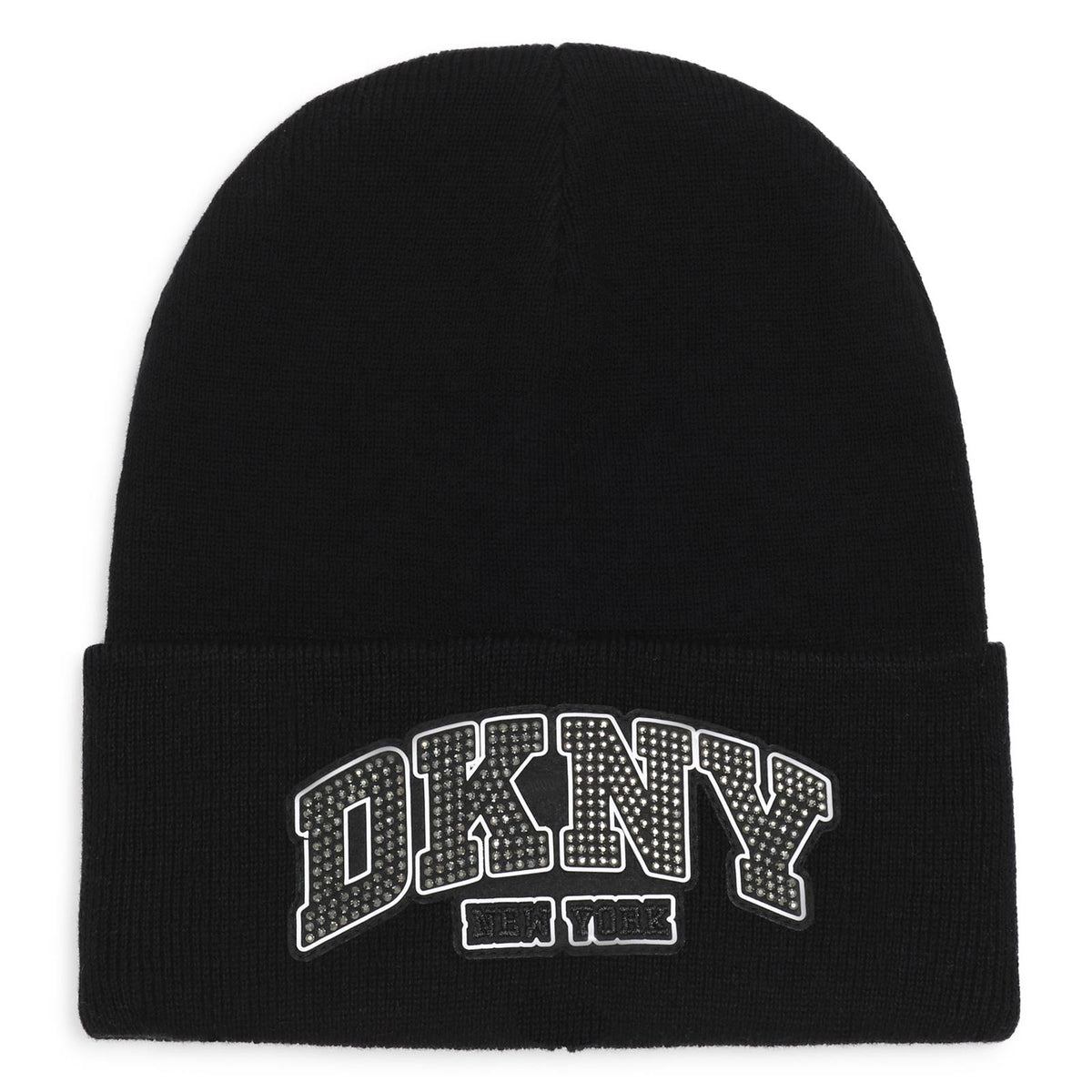 Knit cotton beanie con fantasia badge con strass e ricamo. Double layer. D62929 09B DKNY KIDS 