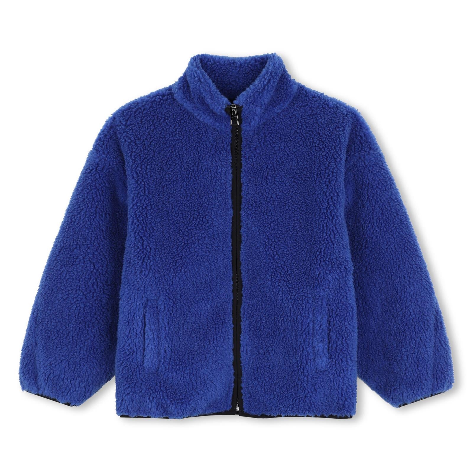 Bi faces cardigan, face side in faux shearling blue color, retro side in jersey black color. Zipped middle davanti. Givenchy logo ricamo at retro. H31403 865 GIVENCHY KIDS 