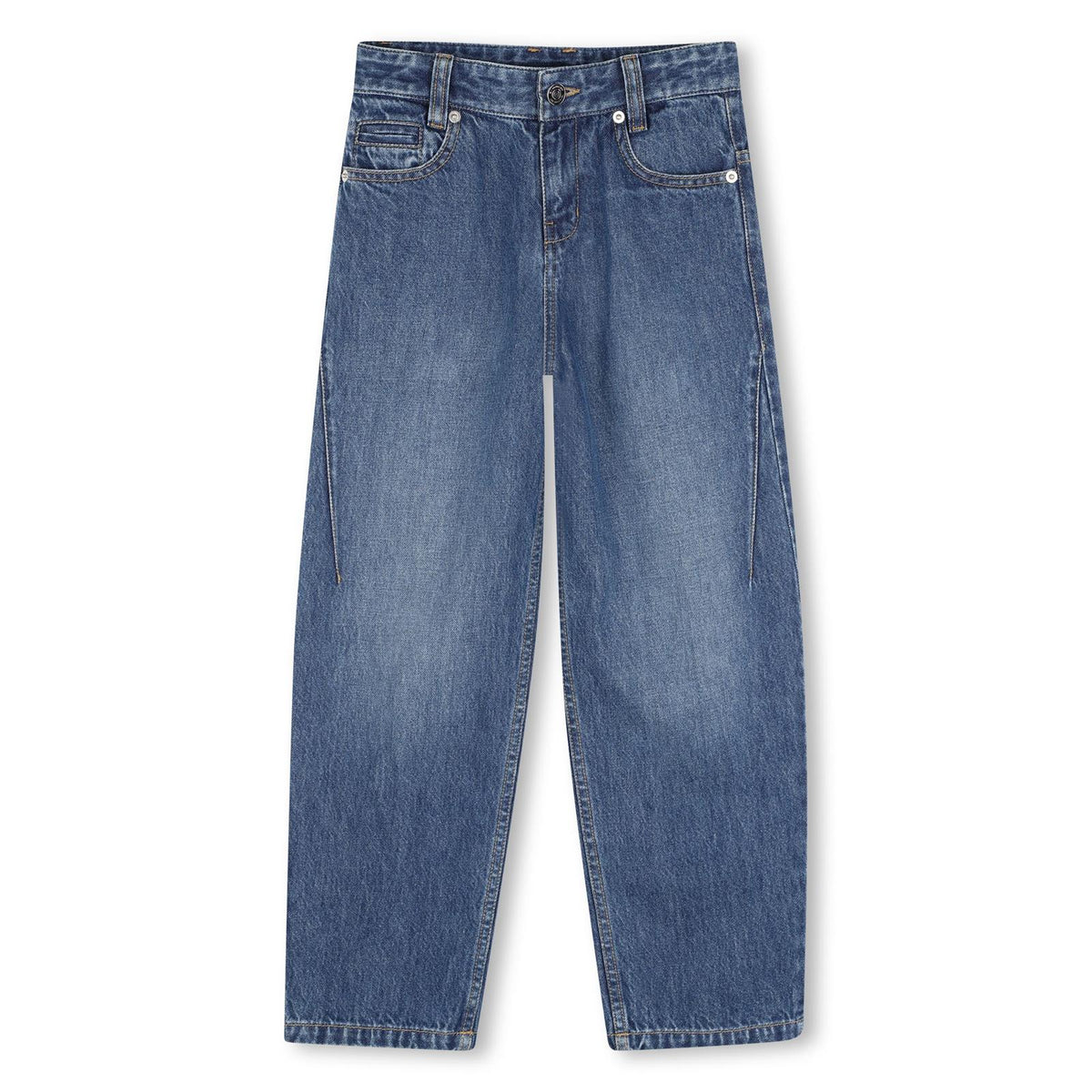 Cotton pantaloni in denim, straight fit, givenchy logo embossed silver color printed leather flap label at retro vita, color contrasted givenchy logo ricamo at retro tasca. H31444 Z06 GIVENCHY KIDS 
