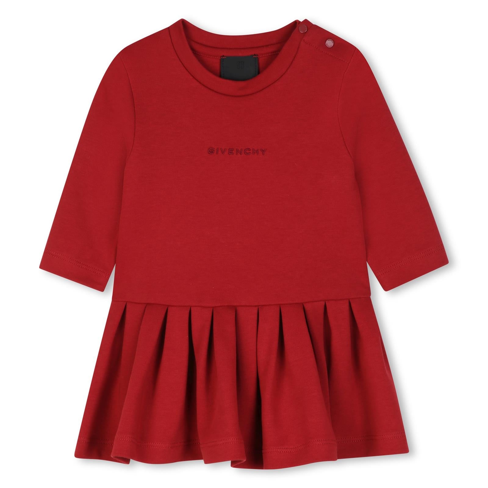 Cotton interlock vestito, flair cut con pleats detail sul fondo flounce. Spalla opening con tone on tone snaps. Givenchy logo ricamo at davanti. H31463 96D GIVENCHY KIDS 