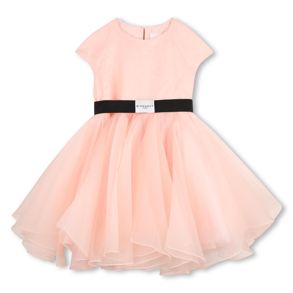 Robe cérémonie mix matières, organza de soie et tulle polyester, doublée viscose légère. Ceinture amovible faite avec une tresse ottoman coloris contrasté et étiquette tissée logo givenchy. Vendu avec housse tissu, logo givenchy imprimé. H31571 46M GIVENCHY KIDS 