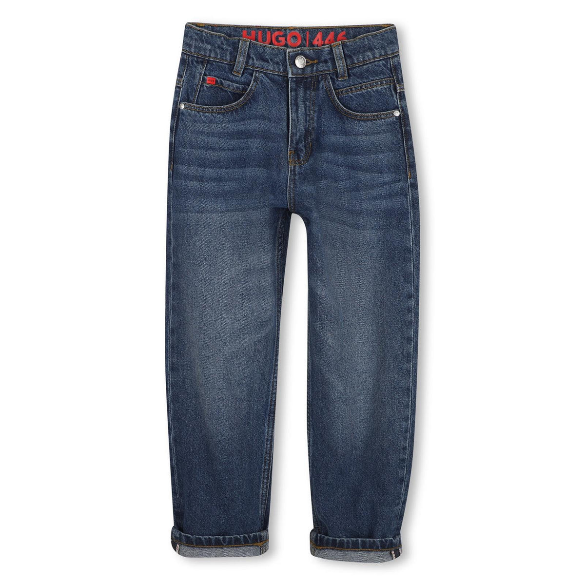 11.75oz 5-tasca pantaloni in denim in blue, 100% cotton, con a rubberized logo label sul retro e a metal logo plaque sul taschino portamonete. Vestibilità morbida G01213 Z25 HUGO KIDS 