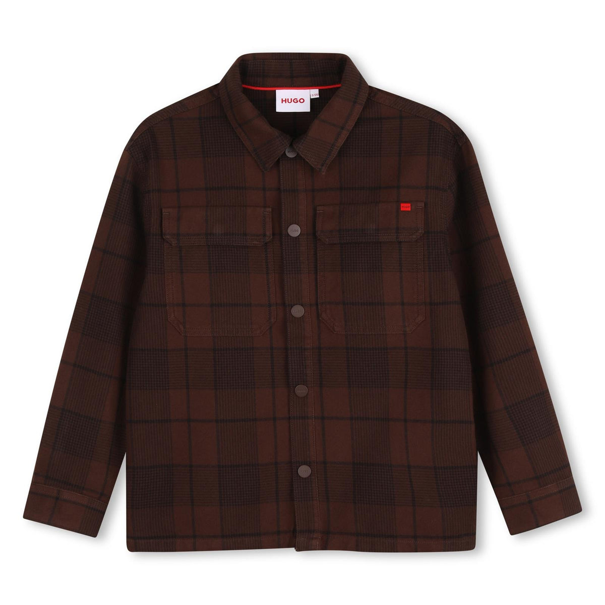 100% cotton twill shirt, all-over printed check, chiusura con bottoni automatici sul davanti, 2 flap tasche sul davanti, metal logo plaque sul davanti tasca, snap openings al polsini, cutout al retro. G01226 33G HUGO KIDS 
