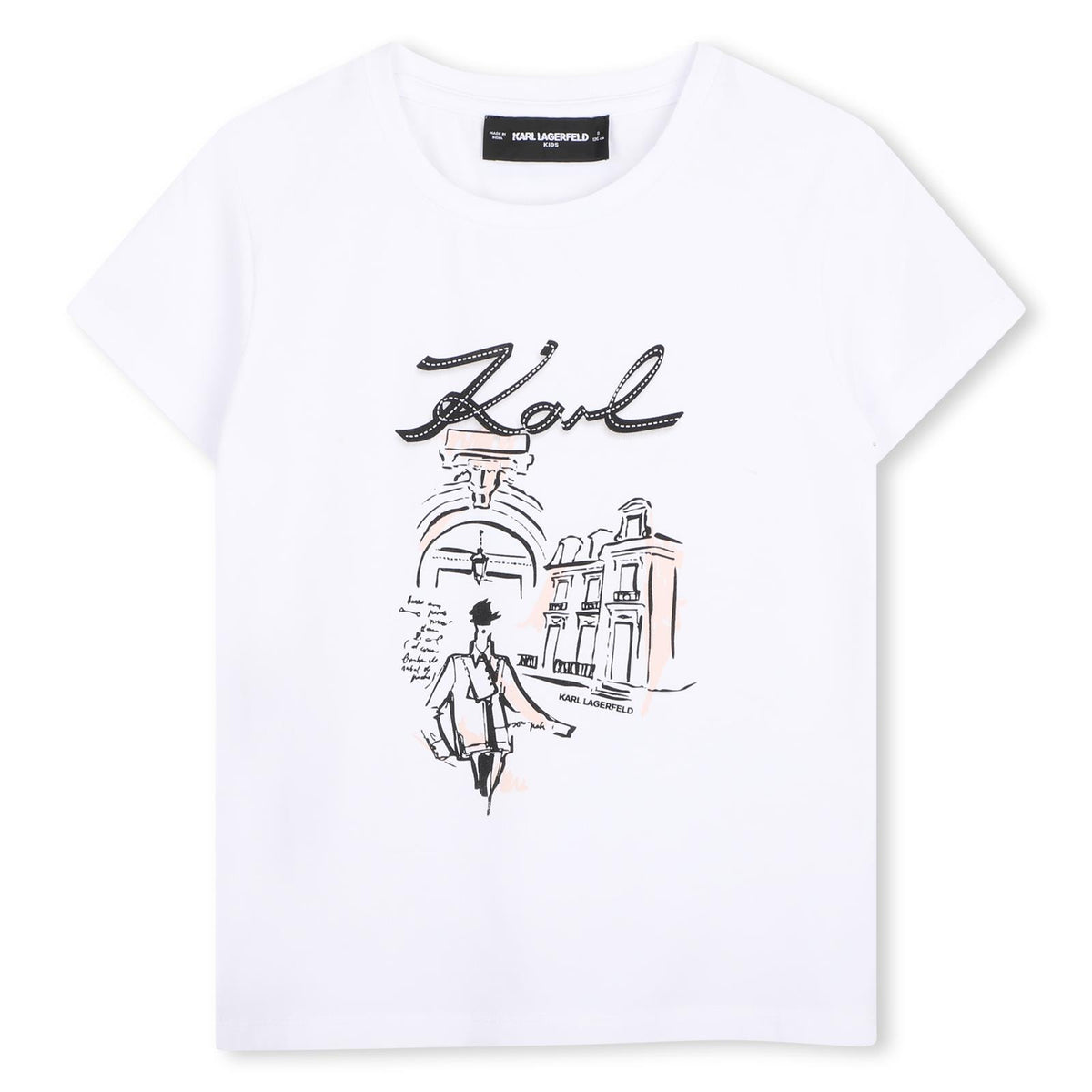 Short-maniche jersey t-shirt con cotton coming from organic farming. Karl signature logo illustrazione sul davanti. Karl lagefeld logo illustrazione sul retro. Mini me Z31313 10P KARL LAGERFELD KIDS 